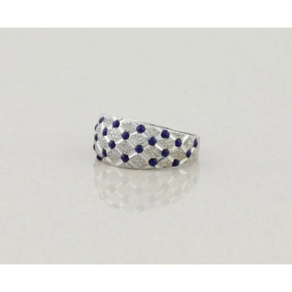 14k White Gold Blue Enamel Textured Diamond Pattern Dome Ring Size 8 1/4 - Picture 5 of 6